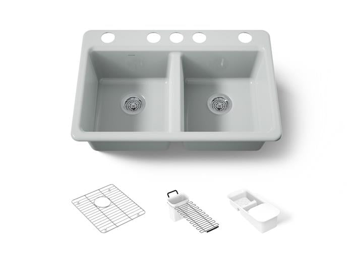 Kohler - Riverby 33 Inch Undermount Double-Bowl Workstation Kitchen Sink With Accessories - 5 Hole