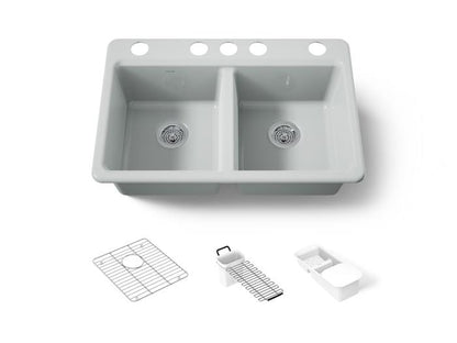 Kohler - Riverby 33 Inch Undermount Double-Bowl Workstation Kitchen Sink With Accessories - 5 Hole