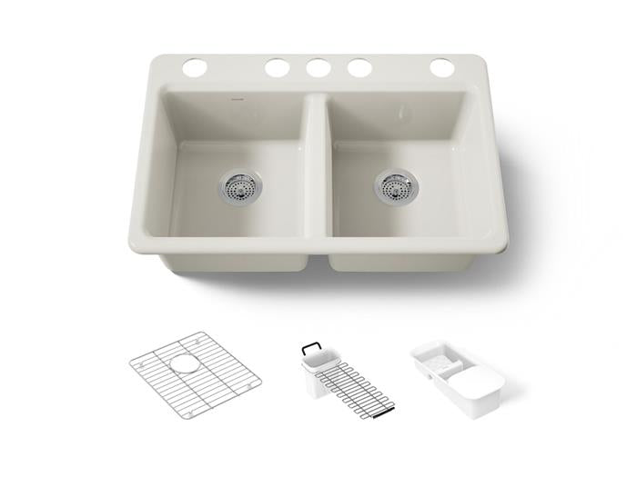 Kohler - Riverby 33 Inch Undermount Double-Bowl Workstation Kitchen Sink With Accessories - 5 Hole