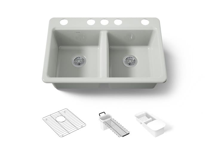 Kohler - Riverby 33 Inch Undermount Double-Bowl Workstation Kitchen Sink With Accessories - 5 Hole