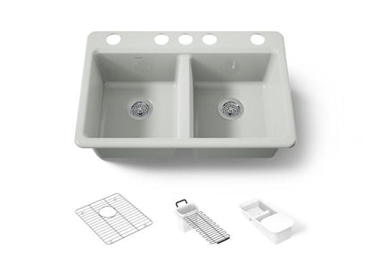 Kohler - Riverby 33 Inch Undermount Double-Bowl Workstation Kitchen Sink With Accessories - 5 Hole