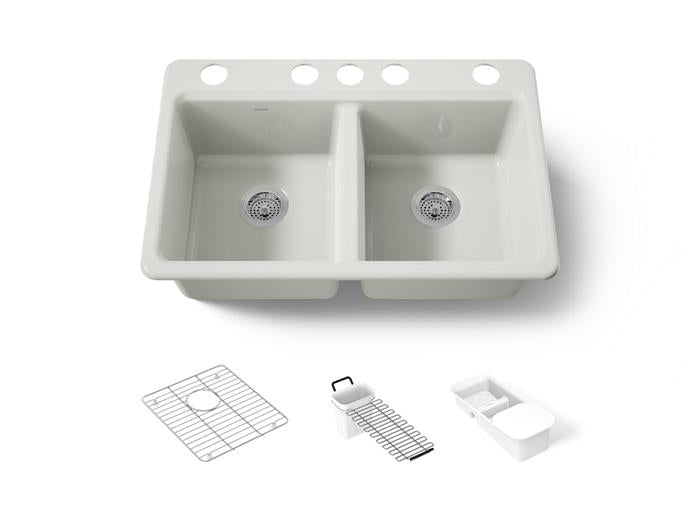 Kohler - Riverby 33 Inch Undermount Double-Bowl Workstation Kitchen Sink With Accessories - 5 Hole