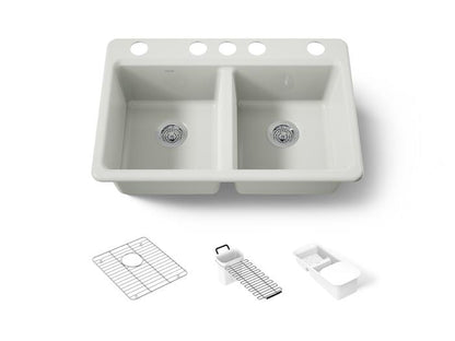 Kohler - Riverby 33 Inch Undermount Double-Bowl Workstation Kitchen Sink With Accessories - 5 Hole