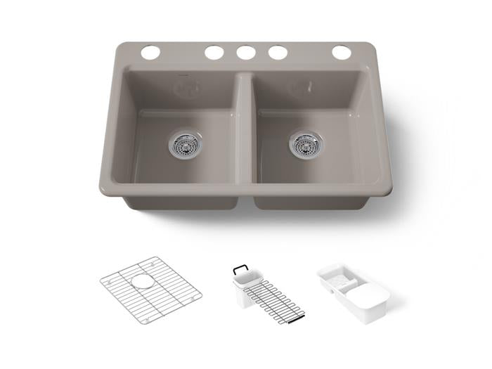 Kohler - Riverby 33 Inch Undermount Double-Bowl Workstation Kitchen Sink With Accessories - 5 Hole