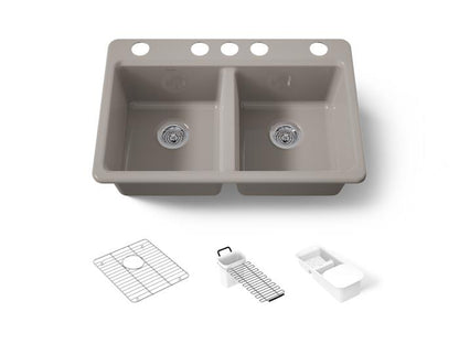 Kohler - Riverby 33 Inch Undermount Double-Bowl Workstation Kitchen Sink With Accessories - 5 Hole