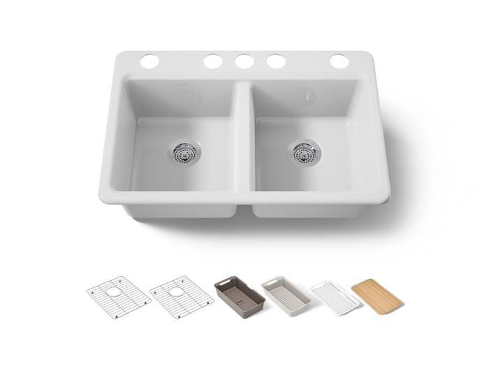 Kohler - Riverby 33 Inch Undermount Double-Bowl Workstation Kitchen Sink With Accessories - 5 Hole
