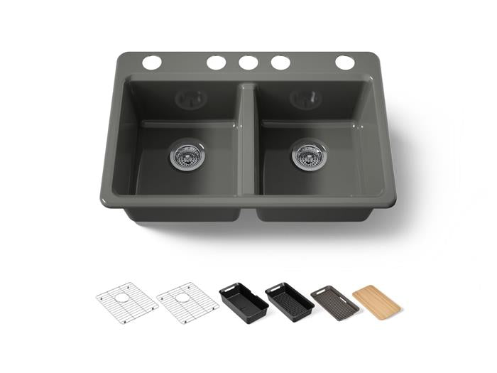 Kohler - Riverby 33 Inch Undermount Double-Bowl Workstation Kitchen Sink With Accessories - 5 Hole