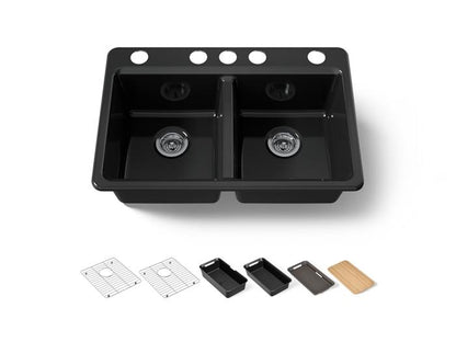 Kohler - Riverby 33 Inch Undermount Double-Bowl Workstation Kitchen Sink With Accessories - 5 Hole