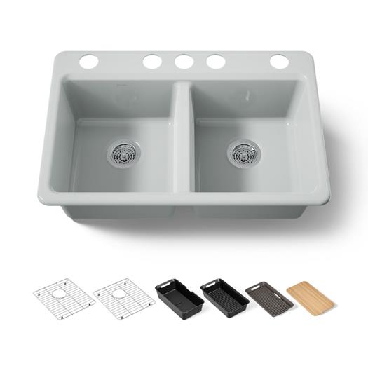 Kohler - Riverby 33 Inch Undermount Double-Bowl Workstation Kitchen Sink With Accessories - 5 Hole