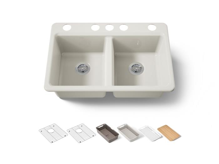 Kohler - Riverby 33 Inch Undermount Double-Bowl Workstation Kitchen Sink With Accessories - 5 Hole