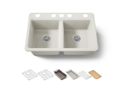 Kohler - Riverby 33 Inch Undermount Double-Bowl Workstation Kitchen Sink With Accessories - 5 Hole