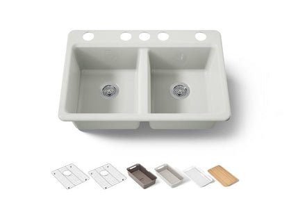 Kohler - Riverby 33 Inch Undermount Double-Bowl Workstation Kitchen Sink With Accessories - 5 Hole