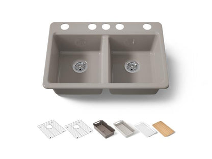 Kohler - Riverby 33 Inch Undermount Double-Bowl Workstation Kitchen Sink With Accessories - 5 Hole