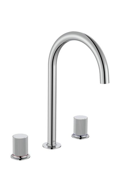 Roca Bath - Nu Widespread Basin Faucet With Deck-Mounted Lateral Handles - 3 Holes - And Stripes Handle. L-Size