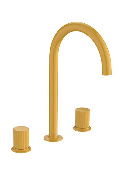 Roca Bath - Nu Widespread Basin Faucet With Deck-Mounted Lateral Handles - 3 Holes - And Stripes Handle. L-Size