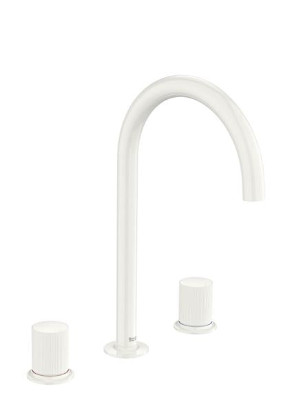 Roca Bath - Nu Widespread Basin Faucet With Deck-Mounted Lateral Handles - 3 Holes - And Stripes Handle. L-Size