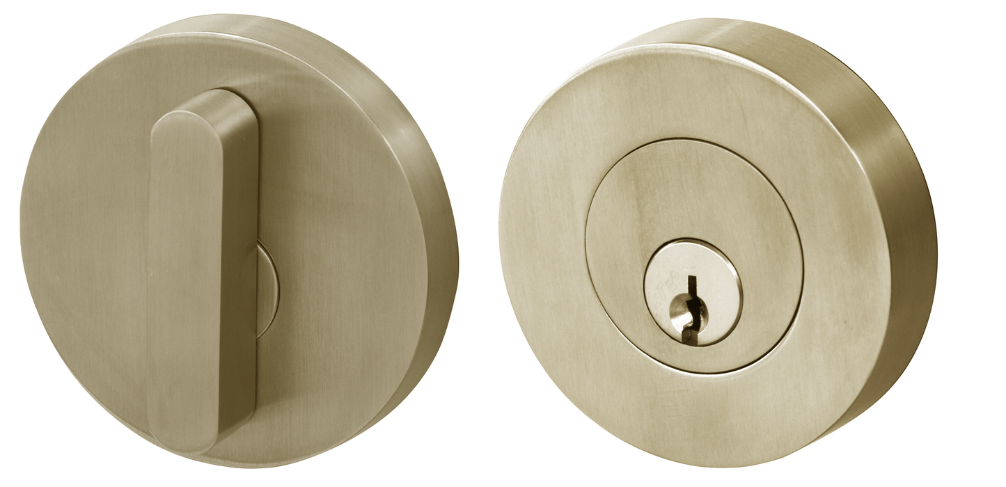 Linnea - Single Cylinder Deadbolt. Round trim, Oval turnpiece. 63mm diam. Inch
