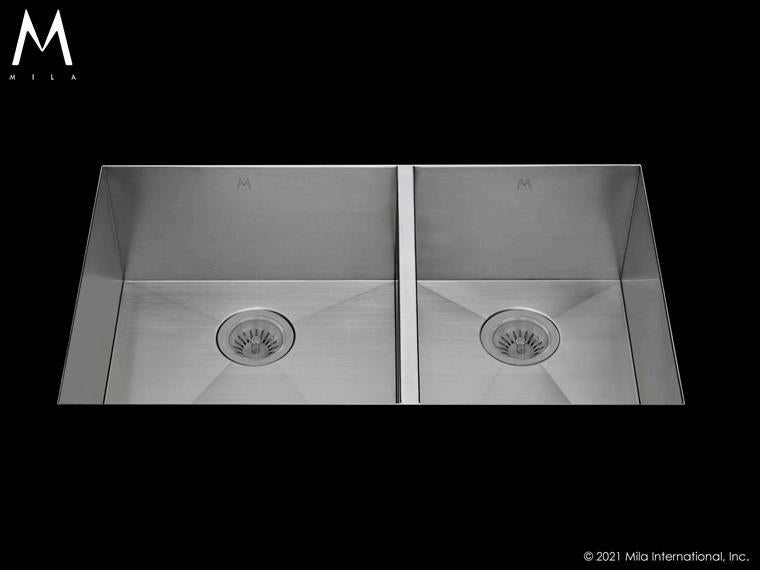 Mila - Flatiron Double Bowl Under Mount  - 34 X 18.5 Satin Brushed SS