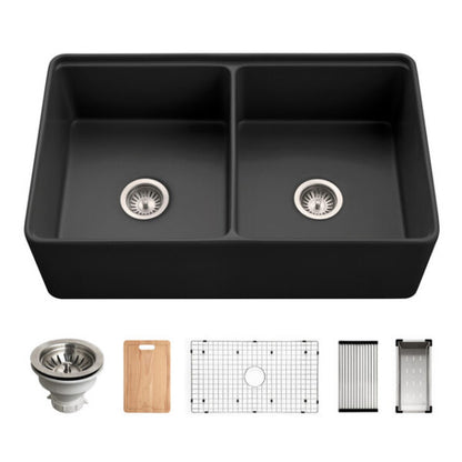 Hamat - Kilncrest 33 Inch Apron-Front Fireclay Workstation Double Bowl Kitchen Sink