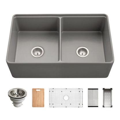 Hamat - Kilncrest 33 Inch Apron-Front Fireclay Workstation Double Bowl Kitchen Sink
