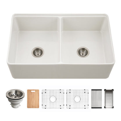 Hamat - Kilncrest 33 Inch Apron-Front Fireclay Workstation Double Bowl Kitchen Sink