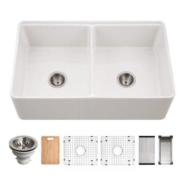 Hamat - Kilncrest 33 Inch Apron-Front Fireclay Workstation Double Bowl Kitchen Sink