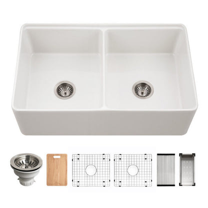 Hamat - Kilncrest 33 Inch Apron-Front Fireclay Workstation Double Bowl Kitchen Sink