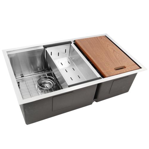 Nantucket Sinks - Offset Double Bowl Prep Station Small Radius Undermount St. Sink with Accessories
