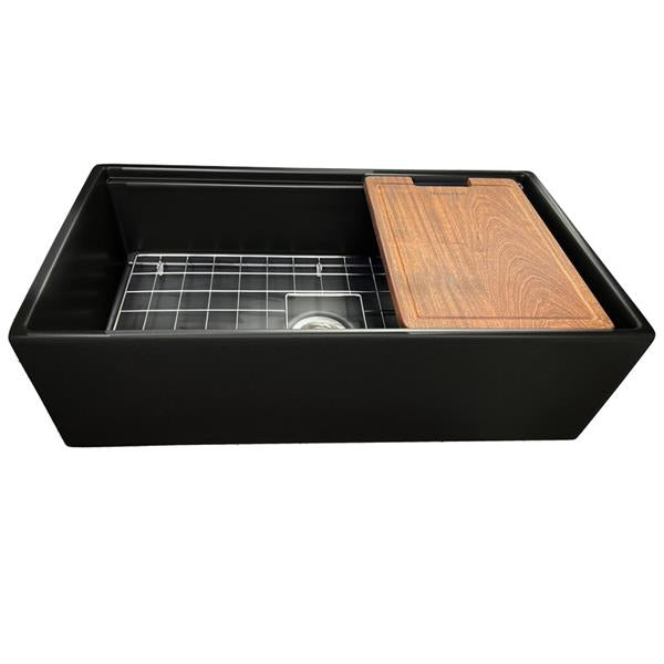 Nantucket Sinks - 33 Inch Matte Black Farmhouse Workstation Fireclay Sink With Centered Drain