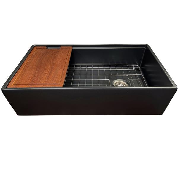Nantucket Sinks - 36 Inch Matte Black Farmhouse Workstation Fireclay Sink With Offset Drain