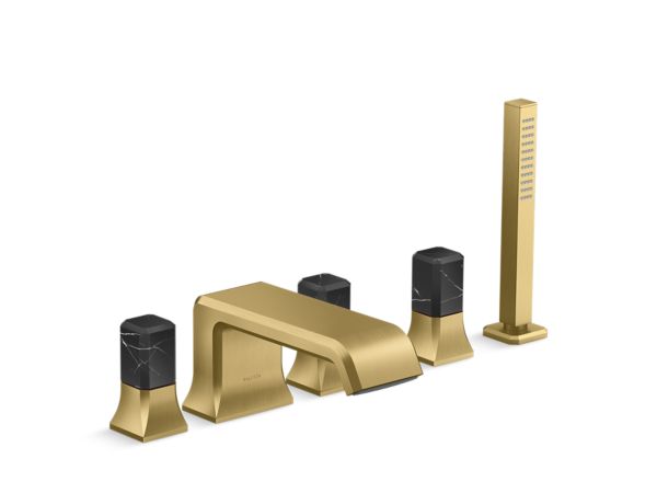 Kallista - Bezel Deckmount Bath Faucet with Diverter and Handshower, Nero Marquina Stone Handles