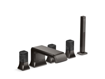 Kallista - Bezel Deckmount Bath Faucet with Diverter and Handshower, Nero Marquina Stone Handles