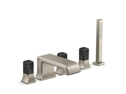 Kallista - Bezel Deckmount Bath Faucet with Diverter and Handshower, Nero Marquina Stone Handles