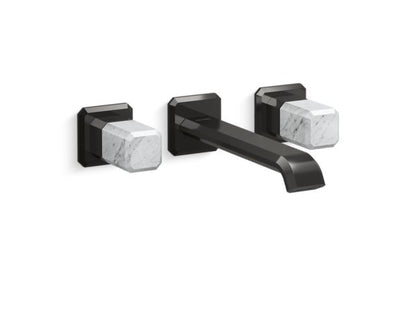 Kallista - Bezel Wall Mount Widespread Sink Faucet, Elongated Spout, White Carrara Stone