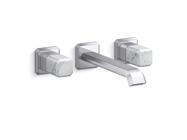 Kallista - Bezel Wall Mount Widespread Sink Faucet, Elongated Spout, White Carrara Stone
