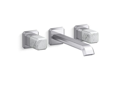 Kallista - Bezel Wall Mount Widespread Sink Faucet, Elongated Spout, White Carrara Stone