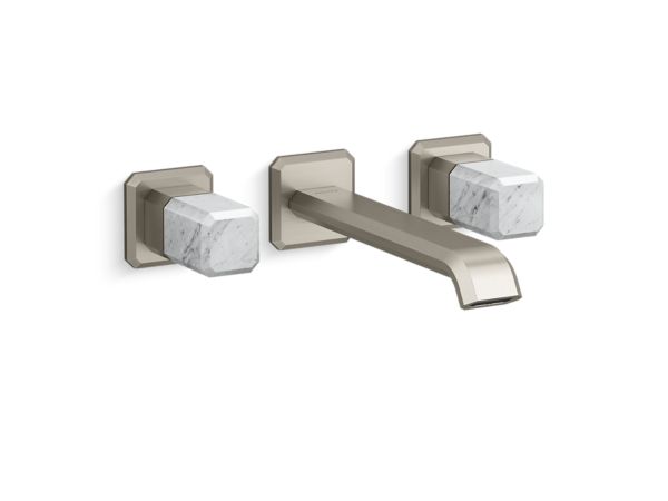 Kallista - Bezel Wall Mount Widespread Sink Faucet, Elongated Spout, White Carrara Stone