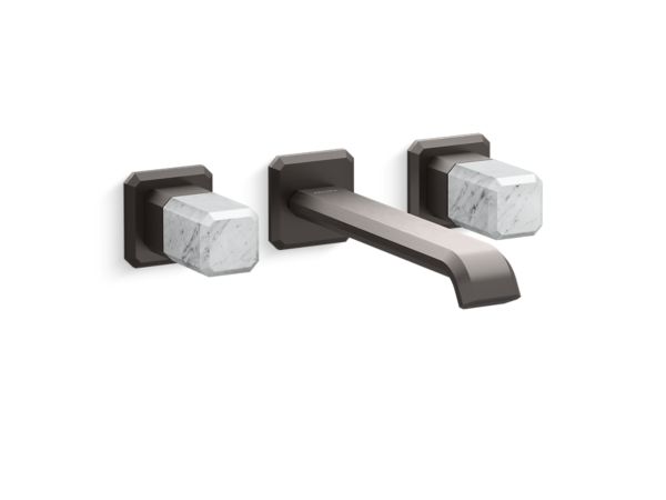 Kallista - Bezel Wall Mount Widespread Sink Faucet, Elongated Spout, White Carrara Stone