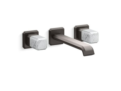 Kallista - Bezel Wall Mount Widespread Sink Faucet, Elongated Spout, White Carrara Stone
