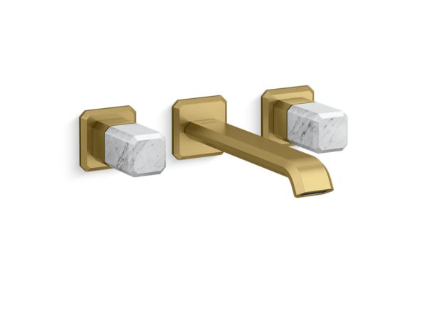Kallista - Bezel Wall Mount Widespread Sink Faucet, Elongated Spout, White Carrara Stone