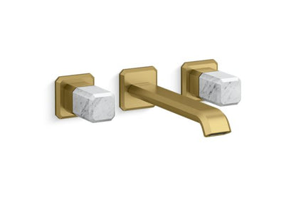 Kallista - Bezel Wall Mount Widespread Sink Faucet, Elongated Spout, White Carrara Stone