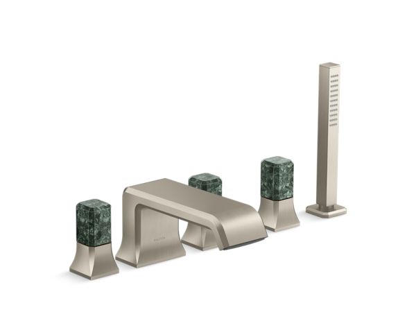 Kallista - Bezel Deckmount Bath Faucet with Diverter and Handshower, Guatemala Stone Handles