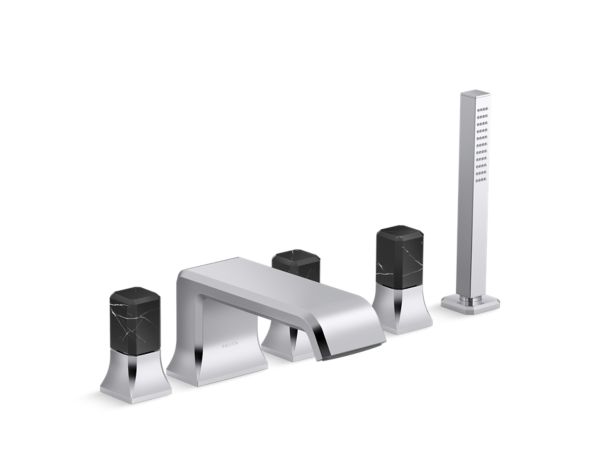 Kallista - Bezel Deckmount Bath Faucet with Diverter and Handshower, Nero Marquina Stone Handles