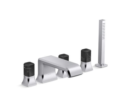 Kallista - Bezel Deckmount Bath Faucet with Diverter and Handshower, Nero Marquina Stone Handles