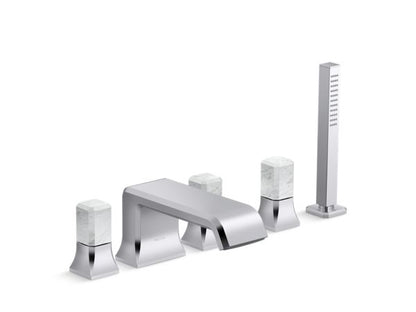 Kallista - Bezel Deckmount Bath Faucet with Diverter and Handshower, White Carrara Stone Handles