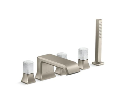 Kallista - Bezel Deckmount Bath Faucet with Diverter and Handshower, White Carrara Stone Handles