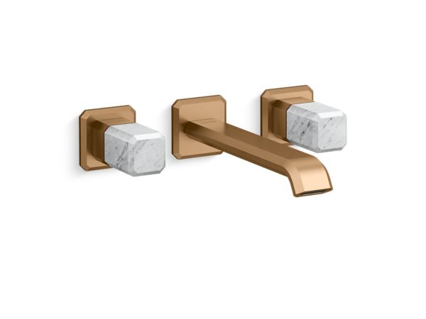 Kallista - Bezel Wall Mount Widespread Sink Faucet, Elongated Spout, White Carrara Stone