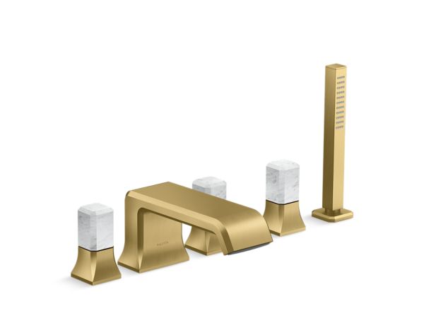 Kallista - Bezel Deckmount Bath Faucet with Diverter and Handshower, White Carrara Stone Handles