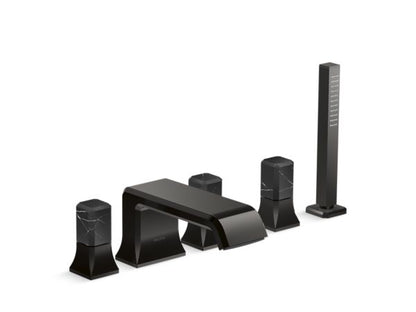 Kallista - Bezel Deckmount Bath Faucet with Diverter and Handshower, Nero Marquina Stone Handles