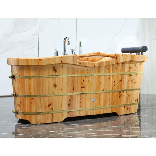 Alfi - 61 Inch Free Standing Cedar Wooden Bathtub with Chrome Tub Filler